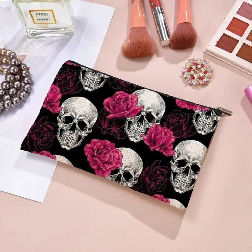 Halloween Gothic Roses and Skulls Travel Makeup Bag Double Sided Printed